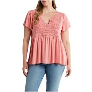 Lucky Brand Women's Coral Crochet Yoke V Neck Babydoll Top Blouse Size 3X NWT